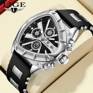 LIGE Men Watch Business Quartz Watches Silicone Strap Sport Chronograph Men's Wristwatch Waterproof Luminous Triangle sh
