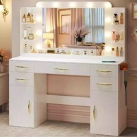 Table de toilette moderne en chêne blanc de luxe avec miroir LED et support pour sèche-cheveux, grande taille pour les chambres d'hôtel