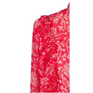 Chemisier en mousseline rouge à imprimé floral pour femme, col mandarin, manches ballon, coupe ample, haut long, style élégant printemps-été - Product Image 6