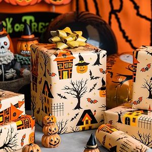 Papier cadeau d'Halloween en rouleau, papier métallisé, motif classique orange maison hantée, citrouille et chauve-souris - Product Image 1