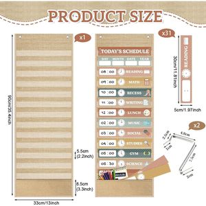 Burlap Daily Schedule Pocket Chart 14 Pockets Reusable Cards Time Management Classroom <b>Decor</b> Farmhouse - Product Image 2