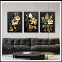 Art mural en verre cristal botanique noir et or, design à trois panneaux en forme de feuille, pour salon, hôtel, intérieurs art déco