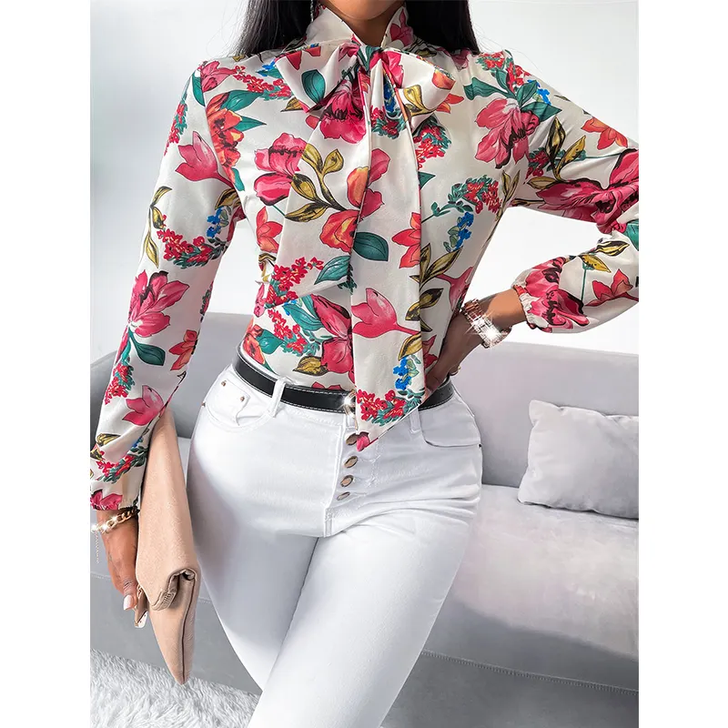 2022 fall styles long puff sleeve stand bow collar floral print casual slim loose blouse tops for holiday