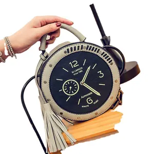 Fashion clock design leather round sling bag with fringe tassel woman hand bag