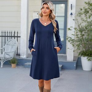 Vente chaude décontracté doux col en v <span class=keywords><strong>a</strong></span>-ligne à manches longues robe élégante femmes tricoté plissé imprimé robe mi-longue avec poches latérales - Product Image 3