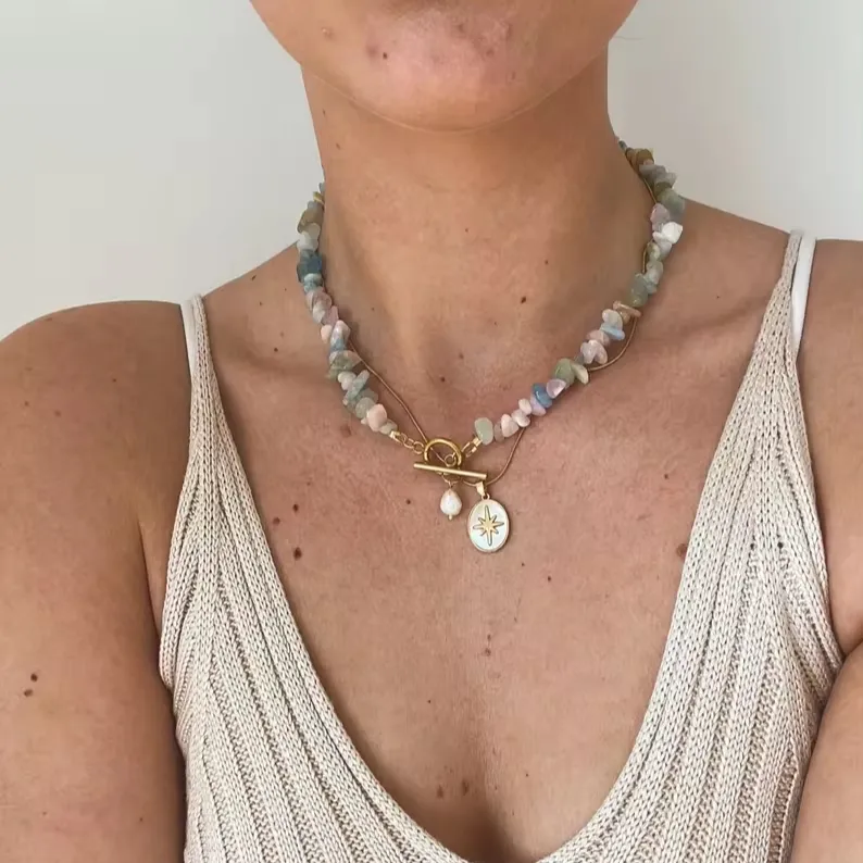 Perle d'été Pierre naturelle de guérison Perles de cristal en acier inoxydable plaqué or 18k Collier ras du cou Bijoux pour femmes