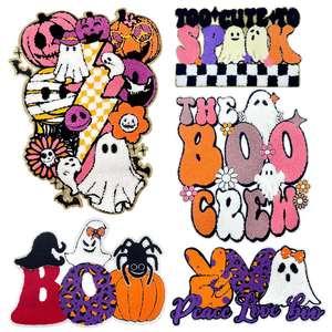 Patchs brodés en chenille à sequins personnalisés pour la saison halloweenienne, motif fantôme et citrouille, thermocollants pour vêtements d'Halloween, vente en gros - Product Image 2