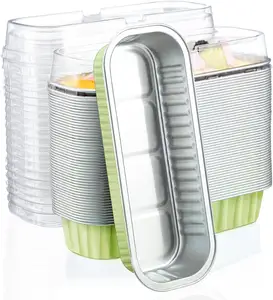 50pcs 6.8oz 6.5"x2.5"x1.2" Disposable Aluminum Baking Cups Pan with Lids, Rectangle Cupcake Containers