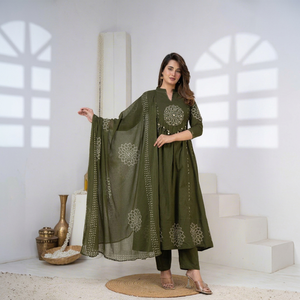 Olive Green Anarkali <b>Kurta</b> Set for <b>Women</b> Embroidered Ethnic Wear with Palazzo Pants Festive Wedding Party Outfit - Product Image 1