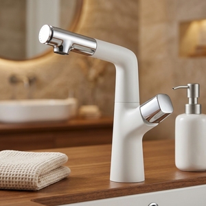 Robinet de lavabo HONGDEC blanc chromé extractible, réglable en hauteur, avec bec rotatif à 360 degrés, double sortie d'eau, mitigeur chaud/froid - Product Image 1