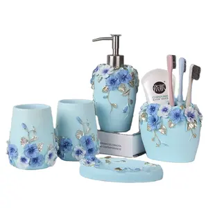 Conjunto de acessórios para banheiro, produto de banheiro padrão flor cor azul