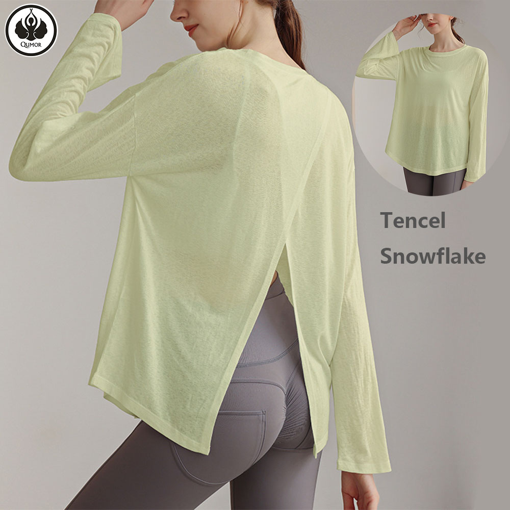 QUMOR Plus Size Lightweight Breathable Eco-Friendly Fashion Loose Running Tops Long Sleeve Sports Blouse Gym Fitness Shirts Yoga