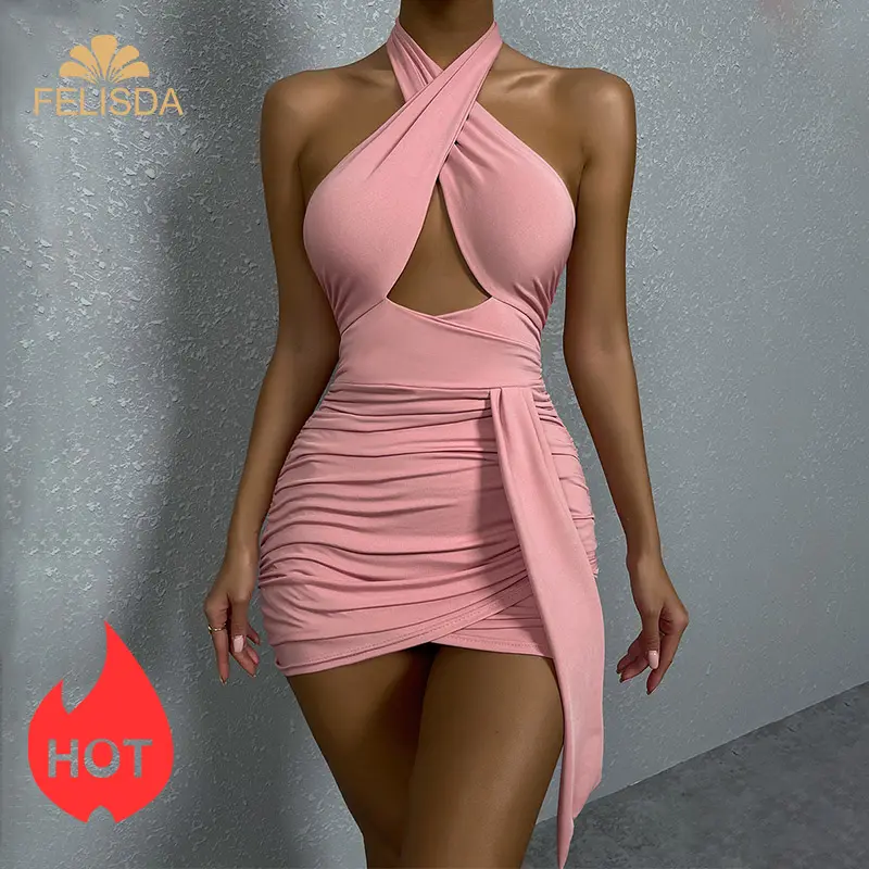 Hot Sexy Halter Mini Dresses Hollow Out Ruched Bandage Bodycon Night Club Outfit Women Short Summer Casual Dress