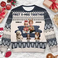 Dropshipping – Nouveauté : Sweat à capuche unisexe personnalisé effet 3D « Couple mignon avec enfants et chiens », style « Ugly Sweater », pour femme