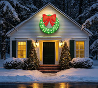 Karangan Bunga Natal Berlampu 48 Inci 120CM Bingkai Besi Emas Berkilau Pita Merah Lampu LED untuk Dekorasi Pintu Depan Dinding Grosir