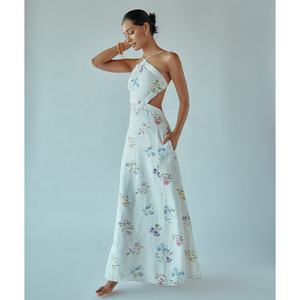 ENYA – robe longue en coton et lin, col licou, longue jupe, respirante, naturelle, dos ouvert, sangle, cravate, détente, vacances, été 100% - Product Image 1