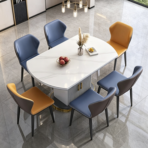 Ensemble de table à manger ovale moderne avec plateau en marbre blanc, 6 places, avec chaises en PU bleues et jaunes, meubles pour la maison - Product Image 1