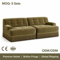 Canapé modulaire 2 places de luxe moderne haut de gamme en velours vert olive avec capitonnage et franges brossées, support de dessin CAO, VIP