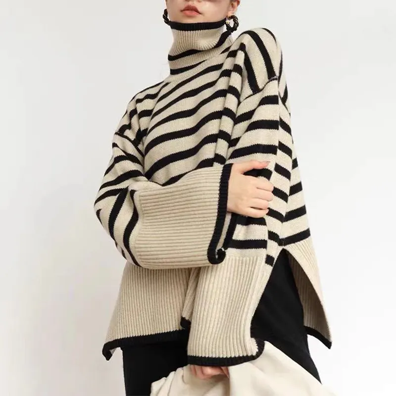 Striped turtleneck sweater women's 2022 new spring and autumn loose design niche knitted sweater pullover coat
