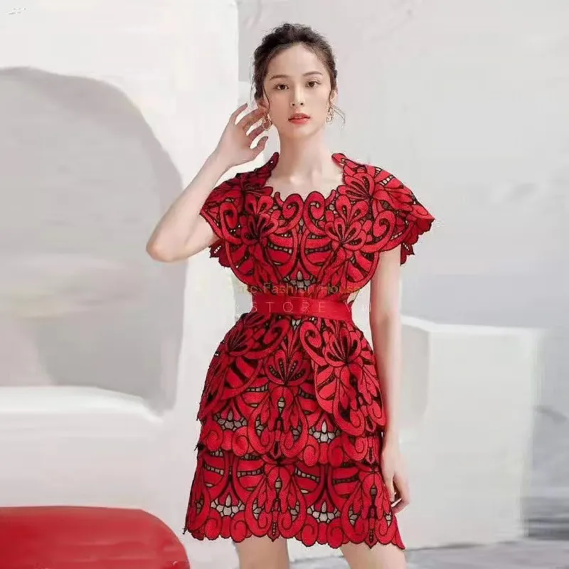 Короткое платье для женщин, Новинка весна-лето 2022, милое красное платье с вышивкой, водорастворимое кружевное платье для тяжелой промышленности с поясом