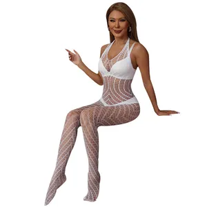 Großhandel Custom Glow-In-The-Dark Mesh Crotch less Strumpfhosen Sexy Strumpfhosen Compressed Body Stocking Jumps uit