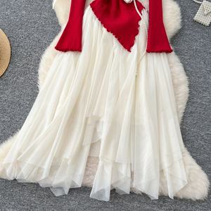 フェイク2ピースパッチワークドレス穏やかな風3次元花不規則なドレス妖精真珠ビーズの服 - Product Image 4