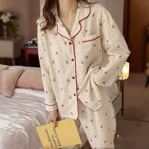 أطقم بيجامات نسائية محبوكة ومخصصة بطبعة زهور وخصر مطاطي لجميع الفصول - للصيف والشتاء والخريف والربيع - Product Image 1