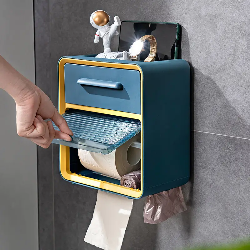 Caja de papel enrollable de lujo para baño, estantería de pañuelos de baño creativa, impermeable, sin perforación, para colgar en la pared