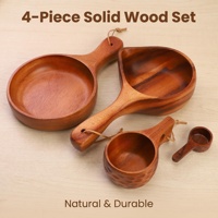 Bol à salade en bois poli, délicat et pratique, durable, avec longue poignée et petite assiette, idéal pour la famille et l'hôtellerie