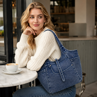 Vintage Gewaschene Denim-Tragetasche Große Kapazität Laptop-Schultertasche Mehrere Taschen Lässige Reise-Arbeits-Jeanstasche mit Individuellem Logo