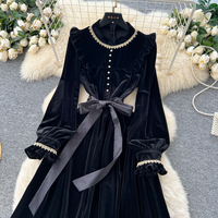 Robe élégante pour femmes en velours noir, style A, décontractée, manches longues, bordure en dentelle, ceinture, robe midi pour tous les jours, soirée, robes décontractées