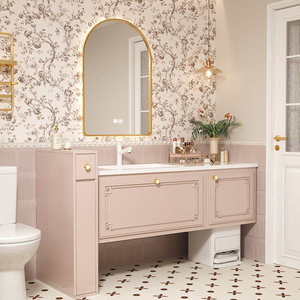 French smart retro <b>pink</b> bathroom cabinet heat-bent integrated storage mirror cabinet solid wood with gold rim - Product Image 2