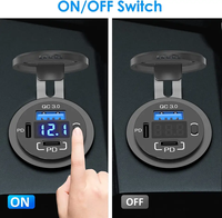 Prise de voiture USB 12V à 3 ports avec double PD 20W et port QC3.0 18W, avec voltmètre et bouton interrupteur pour voiture, bateau, marine, fourgonnette