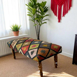 Banco Tejido Estilo Bohemio con Patrón de Hojas y Patas de Madera, Decoración para Entrada Interior, Mueble Decorativo Rectangular Resistente - Product Image 3