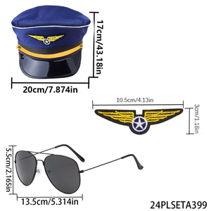 ชุดคอสเพลย์นักบิน PESENAR <span class=keywords><strong>3</strong></span> ชิ้น: หมวกนายทหารสีน้ำเงินกรมท่าพร้อมปักตราปีก และแว่นกันแดดนักบินสีดำคลาสสิก - Product Image 1