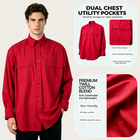 Kemeja Kancing Lengan Panjang Merah untuk Pria, Gaya Urban Kasual Sehari-hari, Regular Fit, Atasan Dasar untuk Kegiatan Sehari-hari, Pakaian Luar, Baju, Garmen