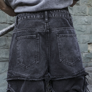 جينز رجالي واسع الساق للخريف/الشتاء قابل للتخصيص أسود ممزق أزرق فاتح مغسول متوتر شارع الهيب هوب - Product Image 5