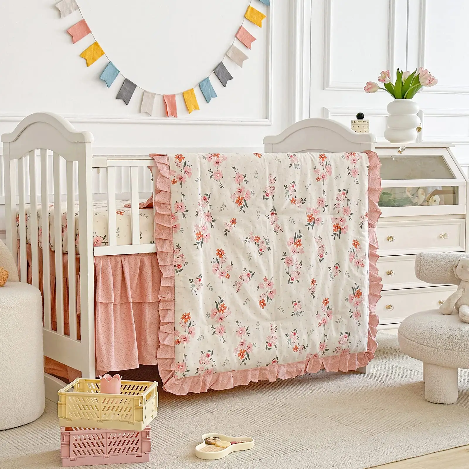 3 buah Set tempat tidur bayi selimut Floral, dengan seprai pas dan rok tempat tidur katun lipit