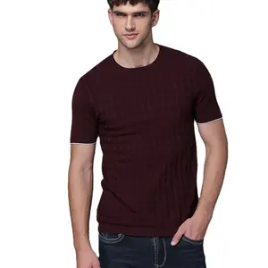 Camiseta de punto de manga corta para hombre, camisa de cuello redondo con patrón de diamante jacquard de verano