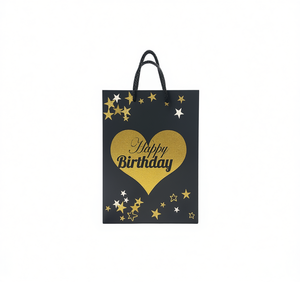Sacchetto Regalo di Compleanno Nero e Oro con Design a Cuore e Stella in Carta per Feste - Product Image 1