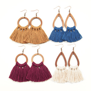 Bohemian Wood Tassel <b>Drop</b> Earrings Geometric Shape Antique <b>Bronze</b> Plated Women's Party Fashion Jewelry - Product Image 5