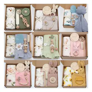 2024 New arrivals Baby Swaddle Gift Set Newborn Shower Receiving Muslin Bamboo Cotton Blanket Set