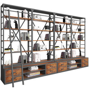 Bibliothèque murale en fer forgé industriel, étagère rétro avec échelle, bibliothèque murale en bois massif, étagère de bureau avec séparation - Product Image 1