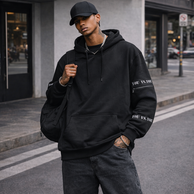 Blesstop Men Black Streetwear Hoodie Oversized Pullover Hoodie Heavyweight Cotton Graphic Hoodie Urban Fashion