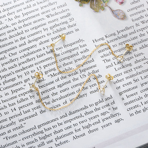 American Style Set Long <strong>Chain</strong> <strong>Earrings</strong> <strong>Stud</strong> <strong>Earrings</strong> Gold Two Small Zircon Stone Women's 925 Sterling Silver European 14K - Product Image 6