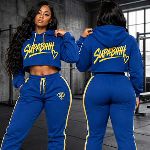Women's <b>Plus</b> <b>Size</b> Cropped Hooded Tracksuit <b>Set</b> Breathable Fleece Hoodie Jogger Pants Printed Sportswear for Outfit Autumn - Product Image 3