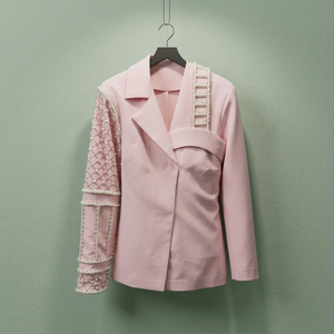 Elegante Conjunto Coordinado Rosa de Verano con Intrincado Trabajo de Perlas, Manga Asimétrica, Ropa Contemporánea para Mujer, Secado Rápido, Impermeable - Product Image 4