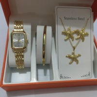 Ensemble de bijoux de luxe doré pour femme : Montre-bracelet tendance, bague, collier, boucles d'oreilles et bracelet en strass