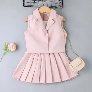 卸売ベビー服ホワイトベストチョッキプリーツスカートガール夏服3ピーススーツデザインキッズカジュアル服セット