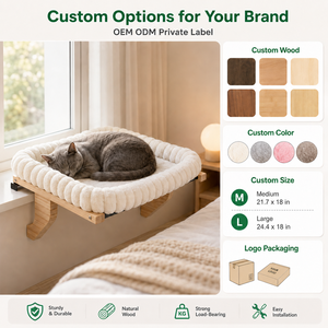 OEM Plateforme de fenêtre pour chat, avec tapis en peluche amovible, structure en bois massif, étagère stable à fixer sur le rebord de fenêtre, pour le repos des chats de grande taille - Product Image 2